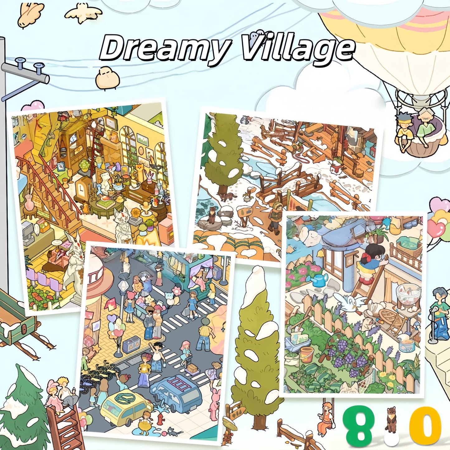 Dreamy Village 3D Sticker | 4 Cute Miniature Scenes