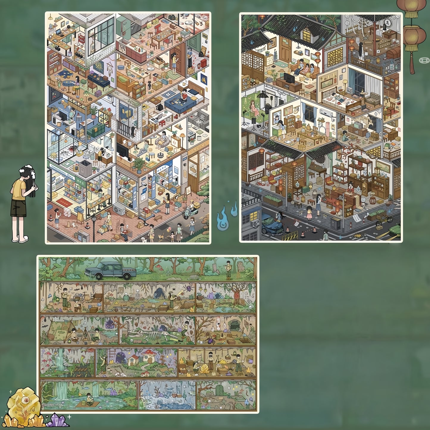 City of Shadows 3D Sticker | 3 Cute Miniature Scenes