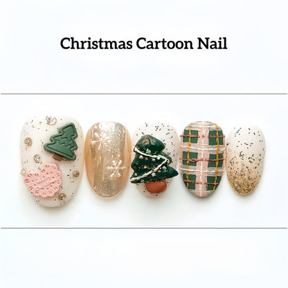White Matte Hand-painted Cartoon Christmas Nail - Short Almond