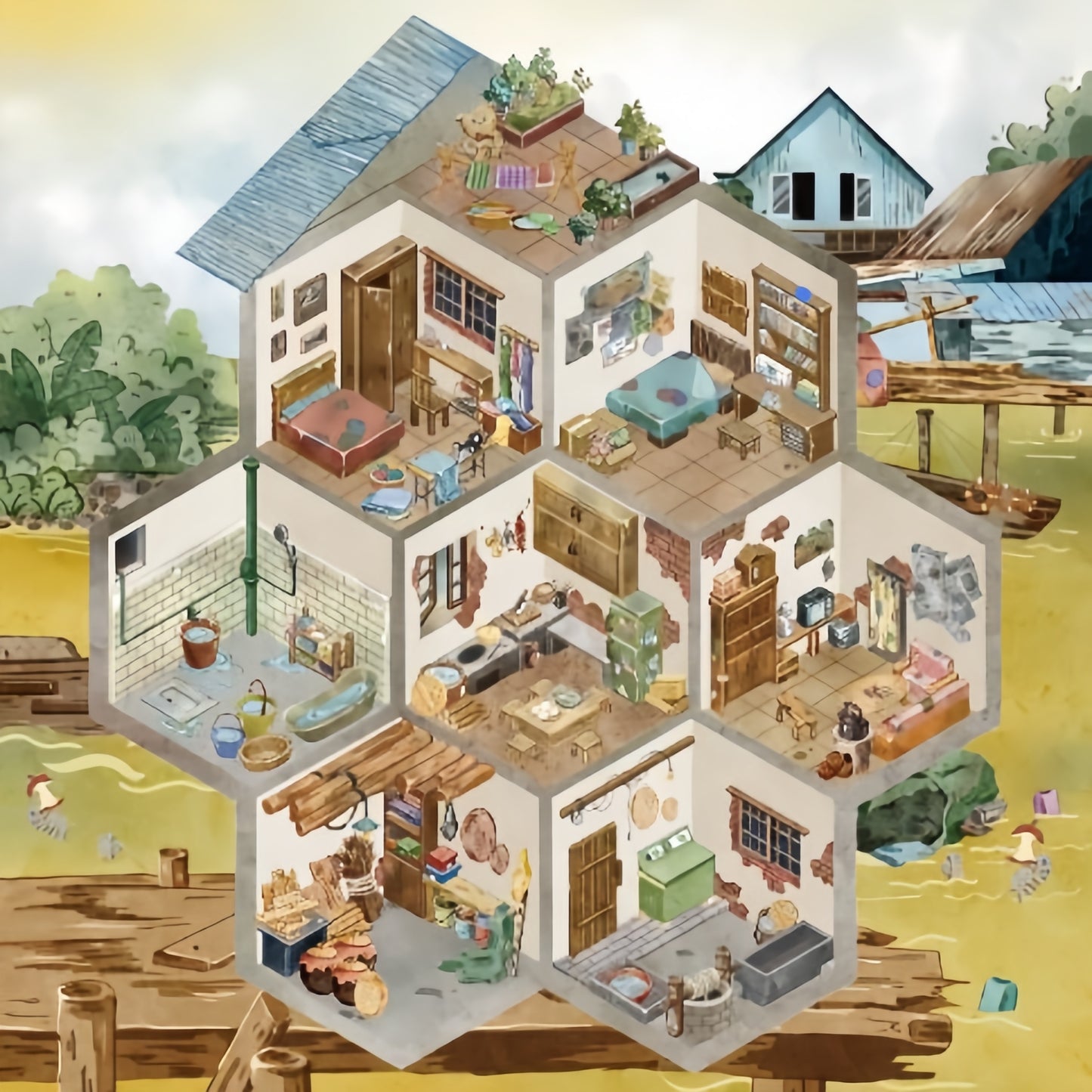 Grid Room 3D Sticker | 3 Cute Miniature Scenes