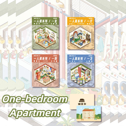 One-bedroom Apartment 3D Sticker | 4 Cute Miniature Scenes
