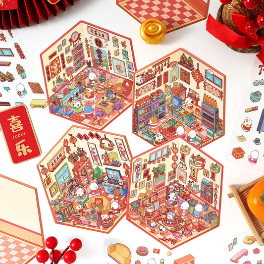 Happy New Year 3D Sticker | 4 Cute Miniature Scenes