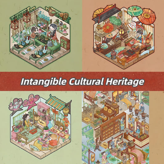 Intangible Cultural Heritage 3D Sticker | 4 Cute Miniature Scenes