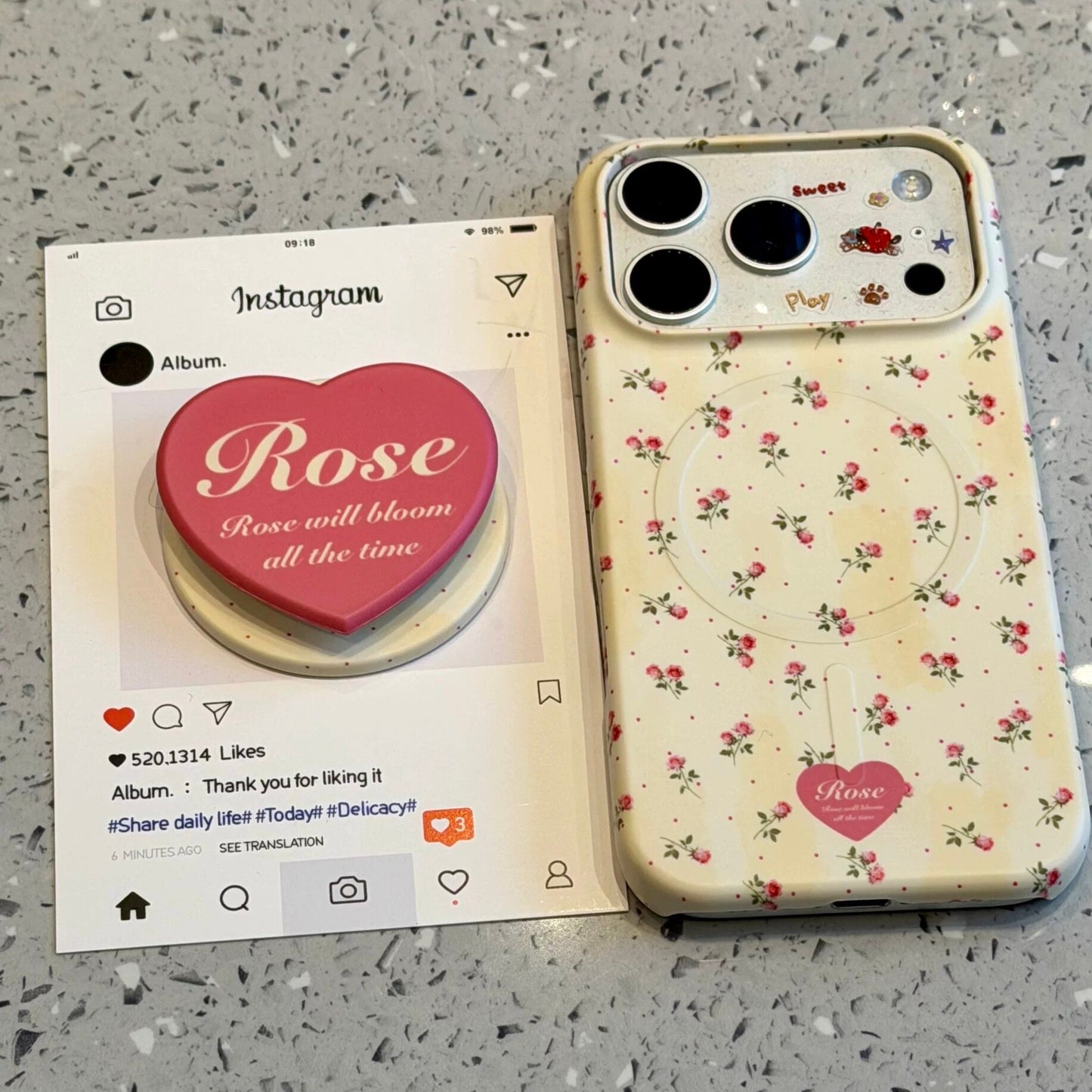 Beige Pink Rose Magnetic Stand Acrylic Phone Case