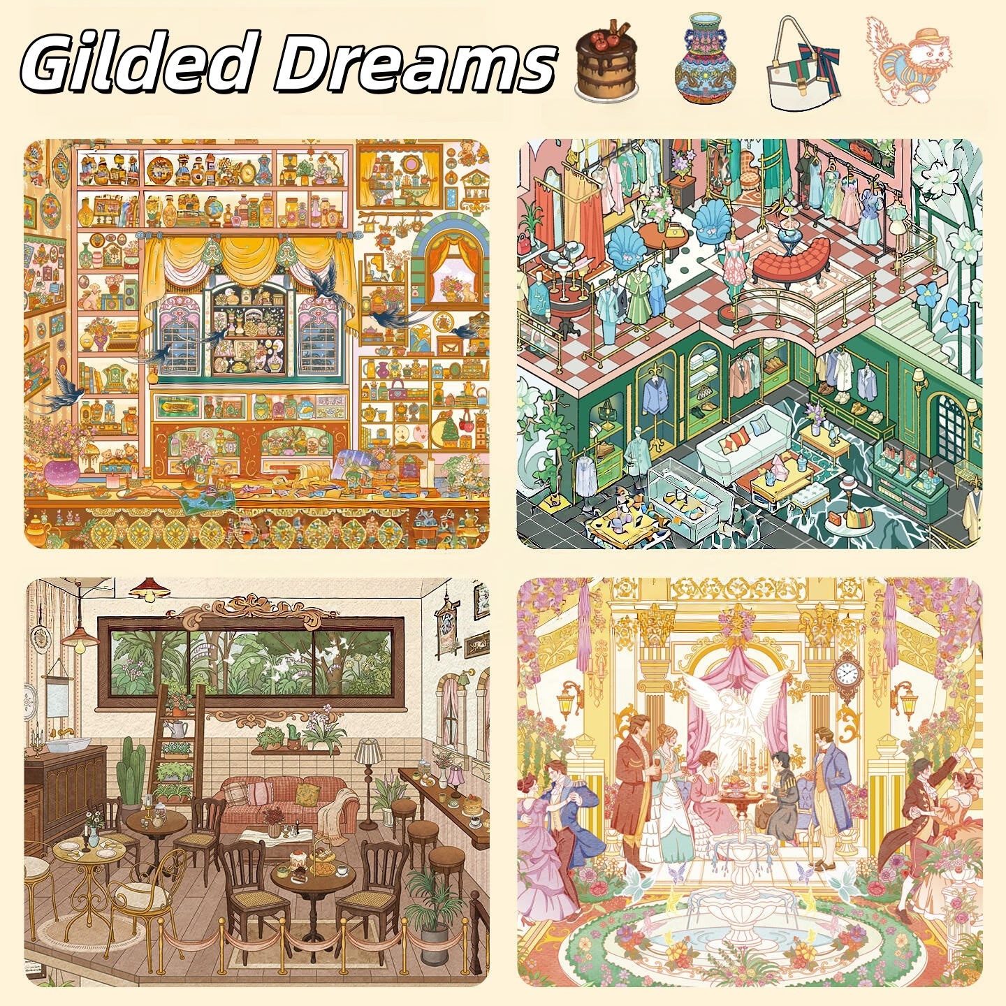 Gilded Dreams 3D Sticker | 4 Cute Miniature Scenes