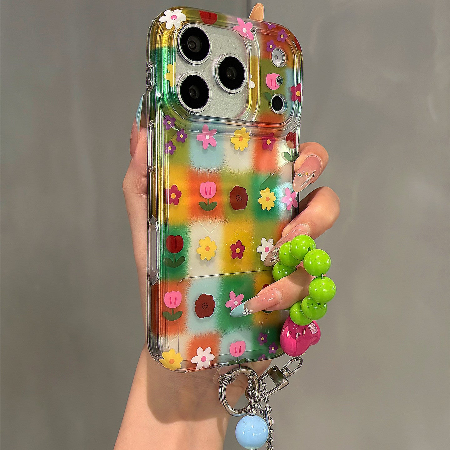 Colorful Grid Holographic Heart Flowers Acrylic Phone Case