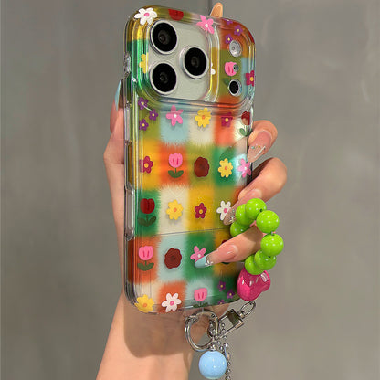 Colorful Grid Holographic Heart Flowers Acrylic Phone Case