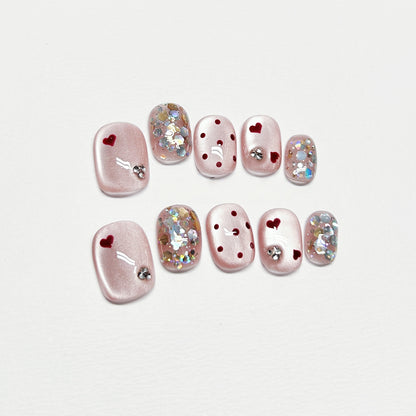 Pink Cat-Eye Polka Dot French Nails with Diamond - Medium Square
