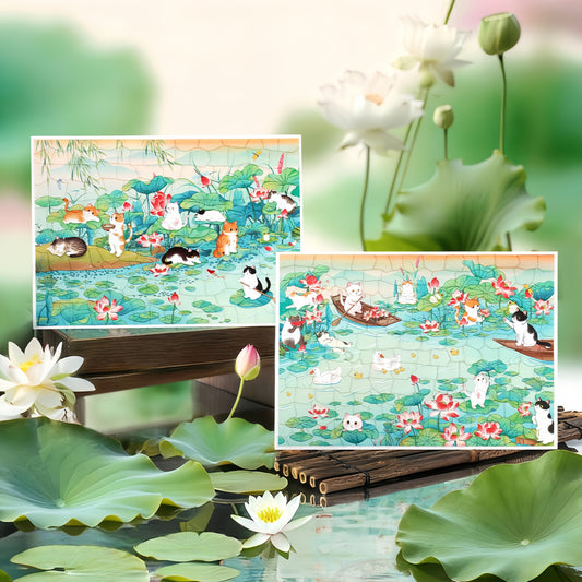 Cat and Lotus 3D Sticker | 2 Cute Miniature Scenes
