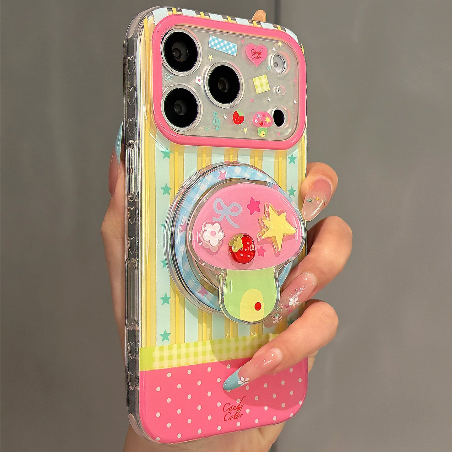 Pink and Yellow Striped Mushroom Magnetic Stand Acrylic Phone Case