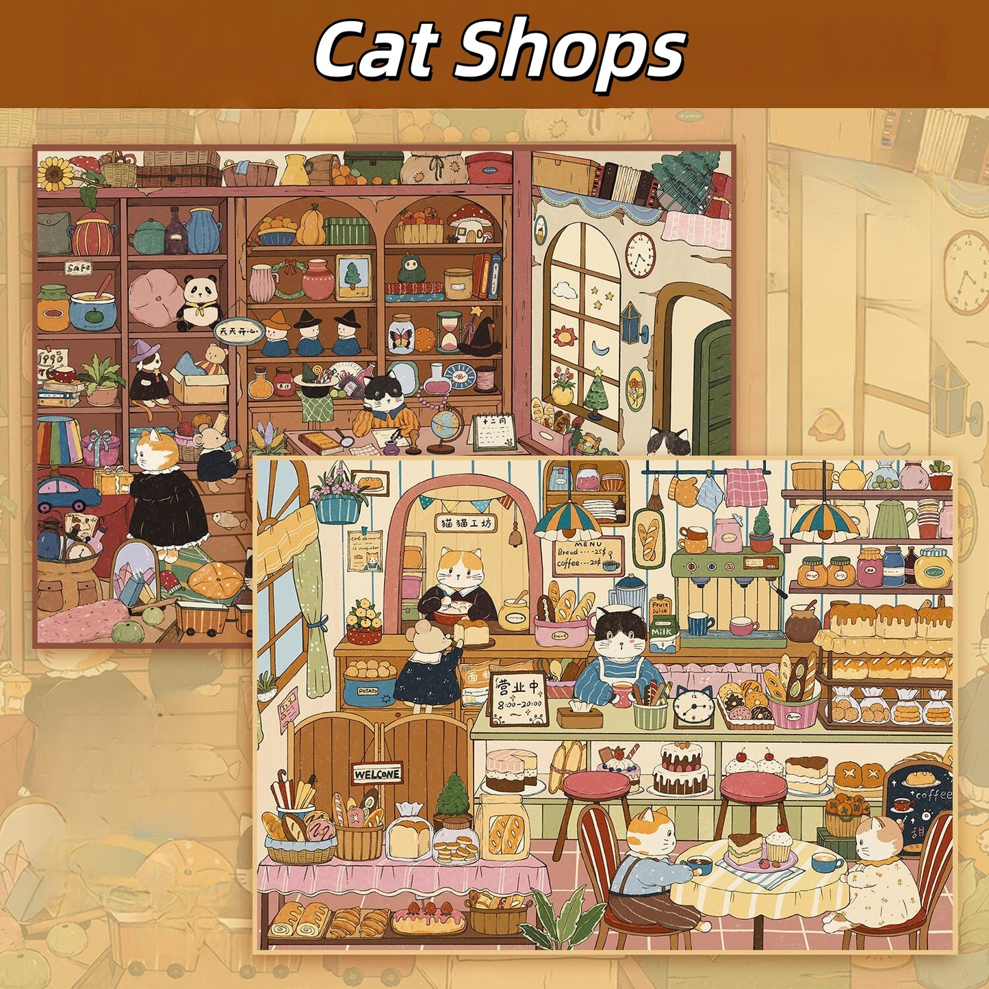 Cat Shops 3D Sticker | 2 Cute Miniature Scenes