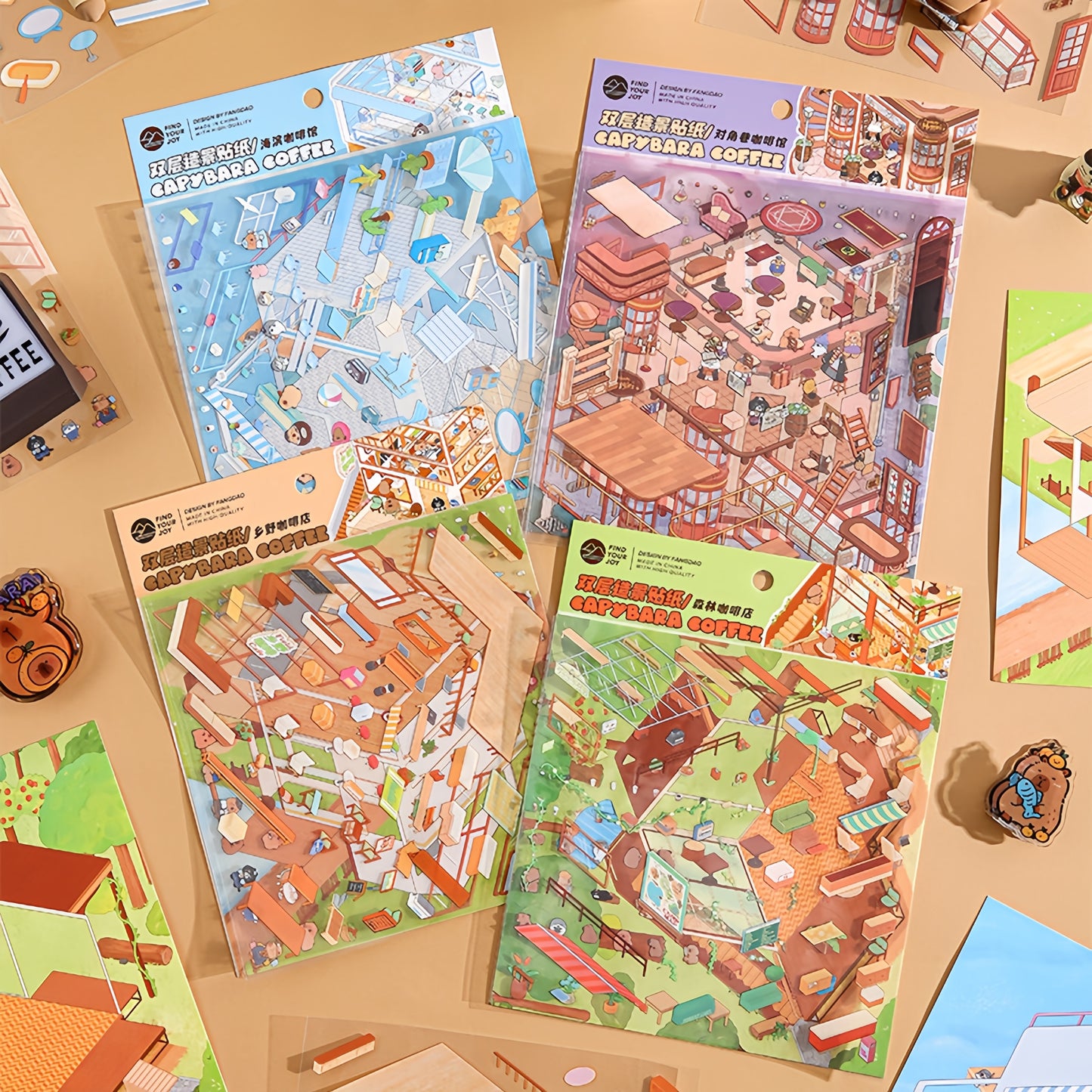 Capybara Cafe 3D Sticker | 4 Cute Miniature Scenes