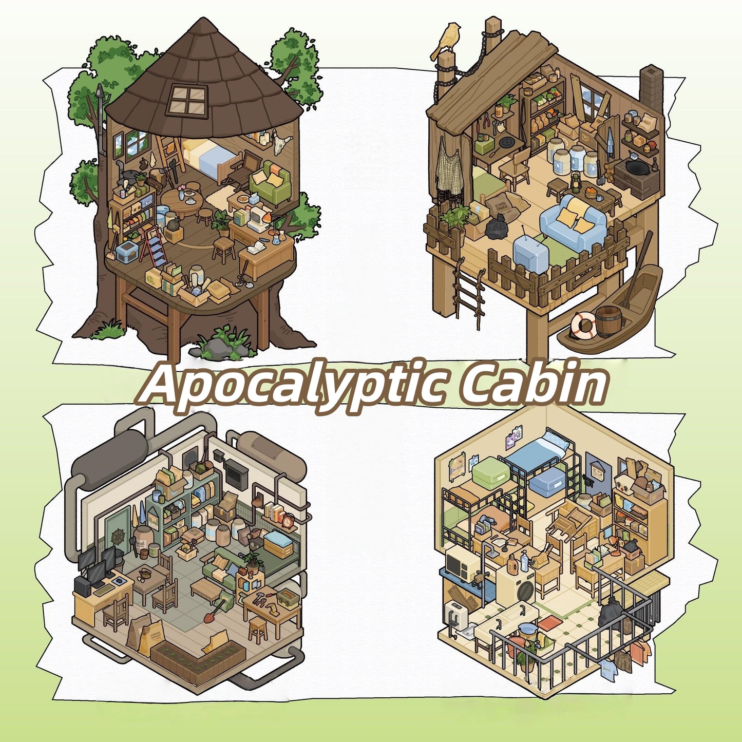 Apocalyptic Cabin 3D Sticker | 4 Cute Miniature Scenes