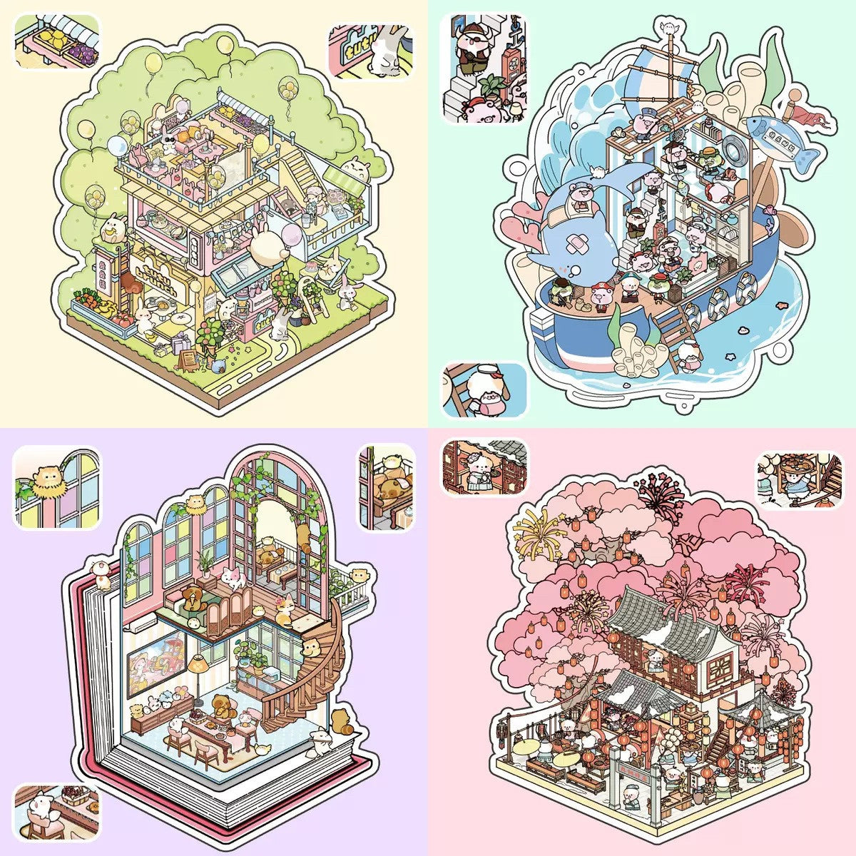 Dream Cabin 3D Sticker | 4 Cute Miniature Scenes
