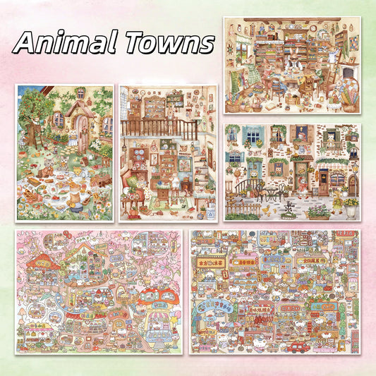 Animal Towns 3D Sticker | 6 Cute Miniature Scenes
