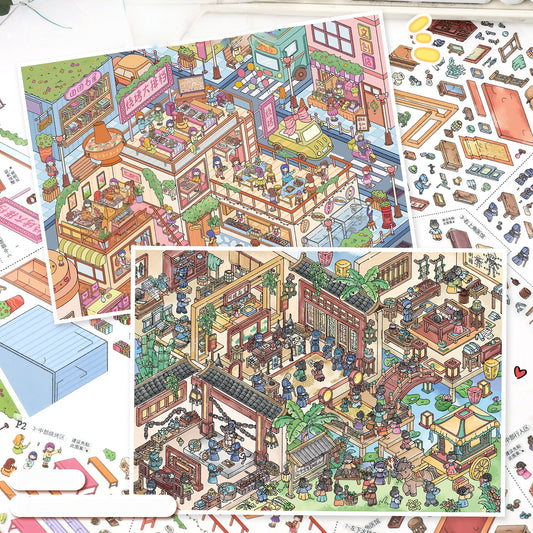 Market & Mystery 3D Sticker | 2 Cute Miniature Scenes
