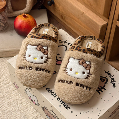 Kitty Leopard Trim Fluffy Slippers