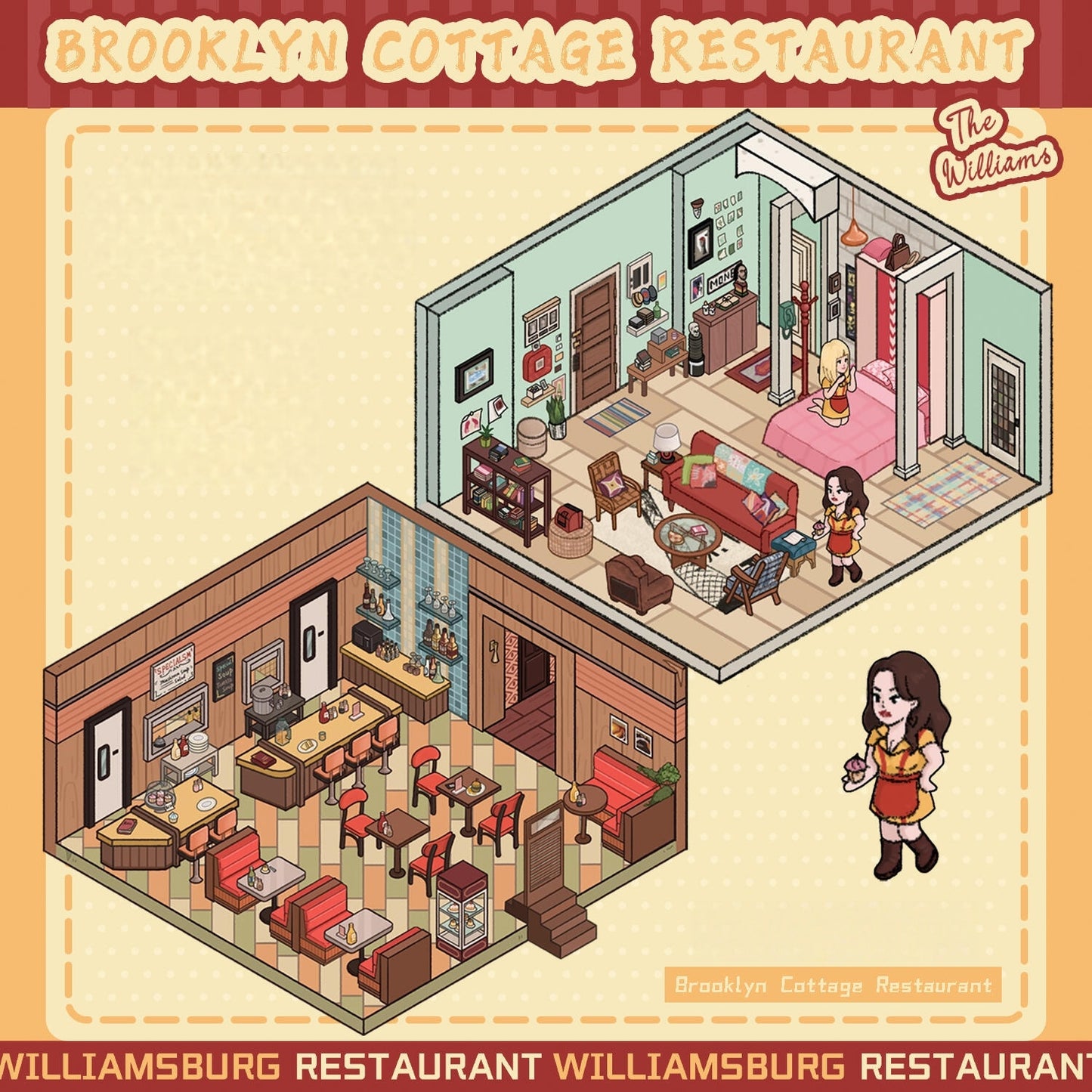 Brooklyn Cottage Restaurant 3D Sticker | 2 Cute Miniature Scenes