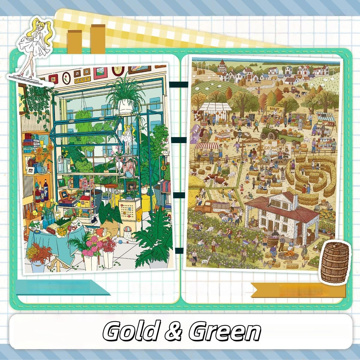 Gold & Green 3D Sticker | 2 Cute Miniature Scenes