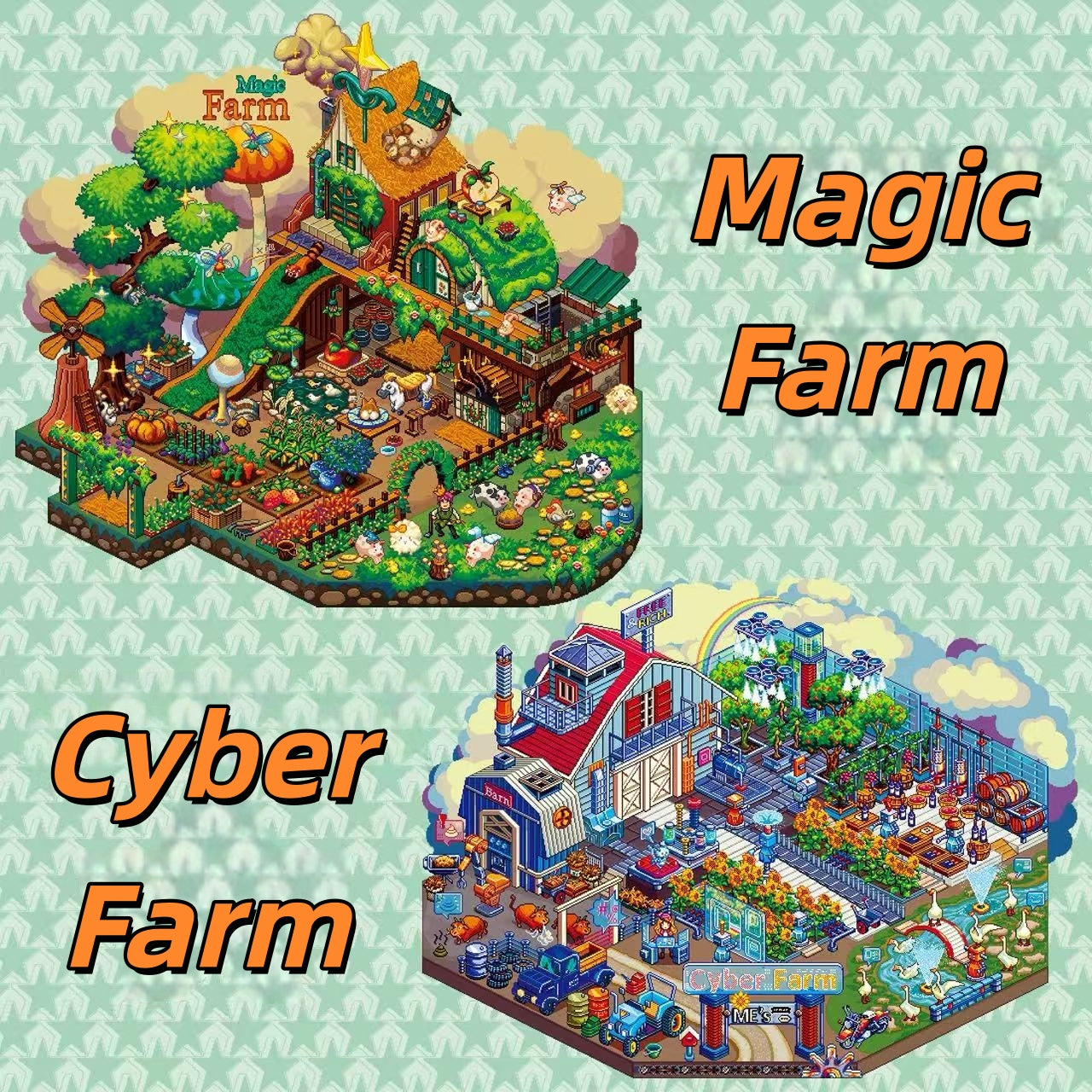 Cyberpunk Farm 3D Sticker | 2 Cute Miniature Scenes