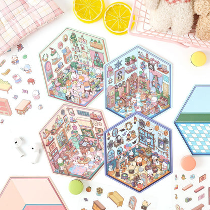The Cat's Secret Room 3D Sticker | 4 Cute Miniature Scenes