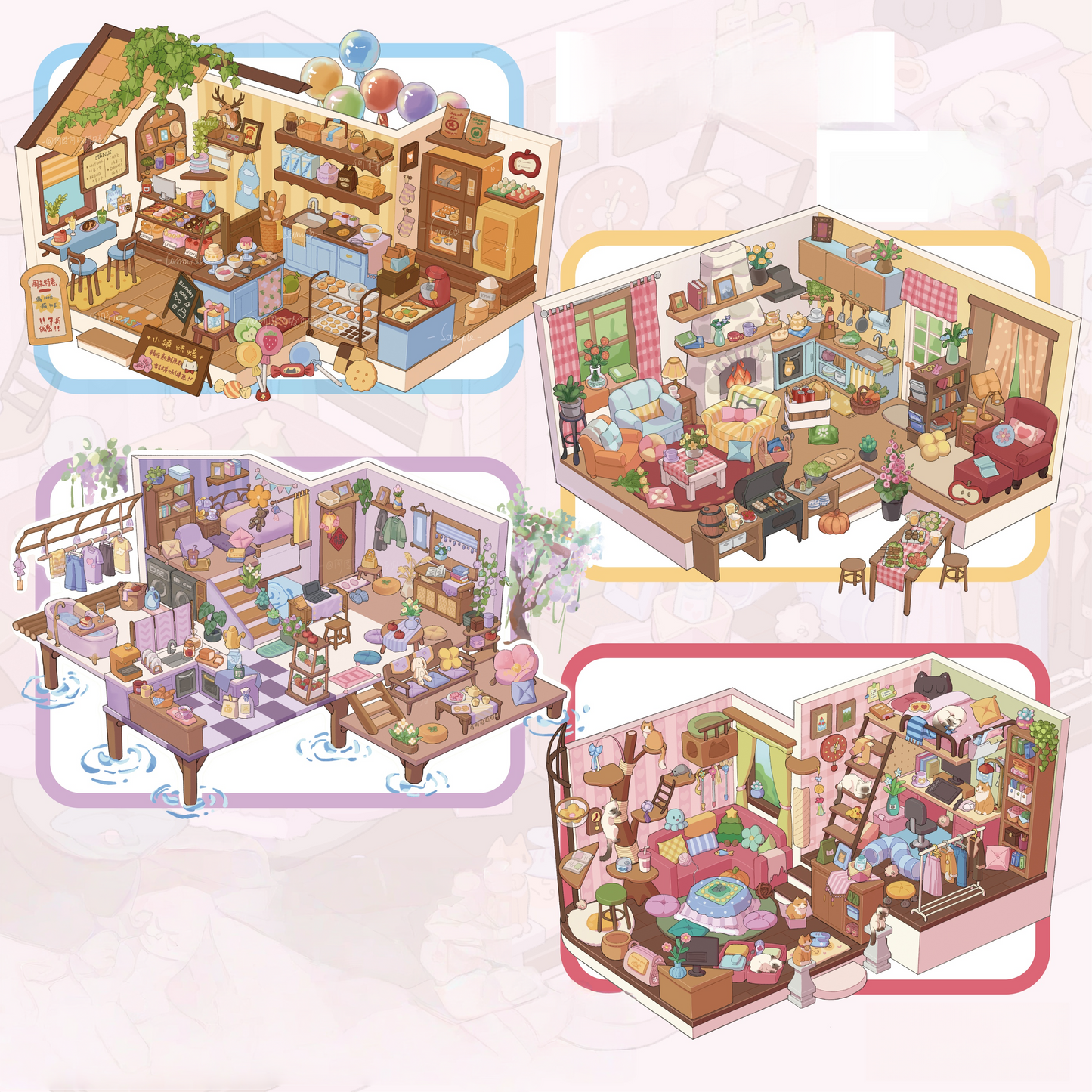 Cozy Town Corners 3D Sticker | 4 Cute Miniature Scenes