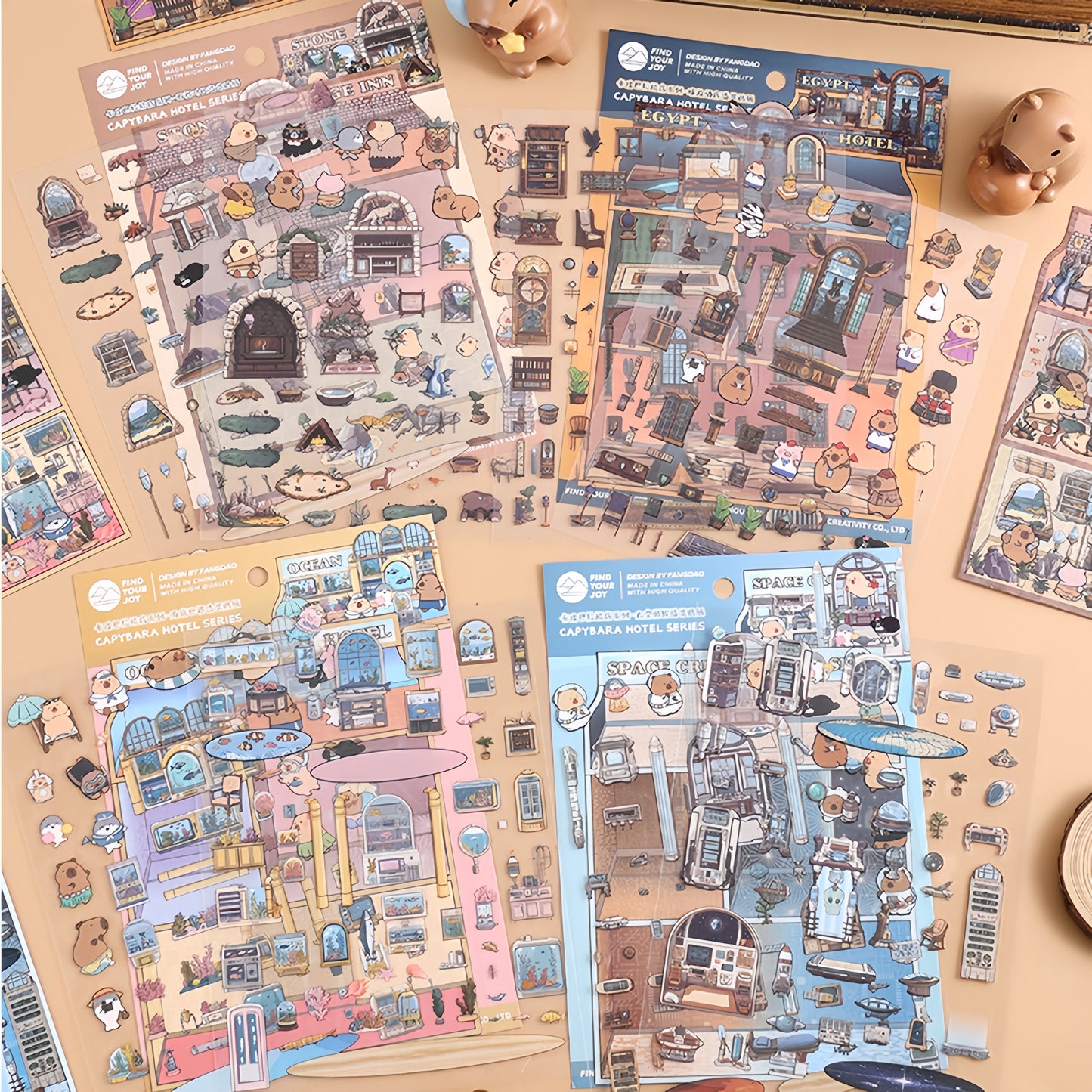 Capybara Hotel 3D Sticker | 4 Cute Miniature Scenes