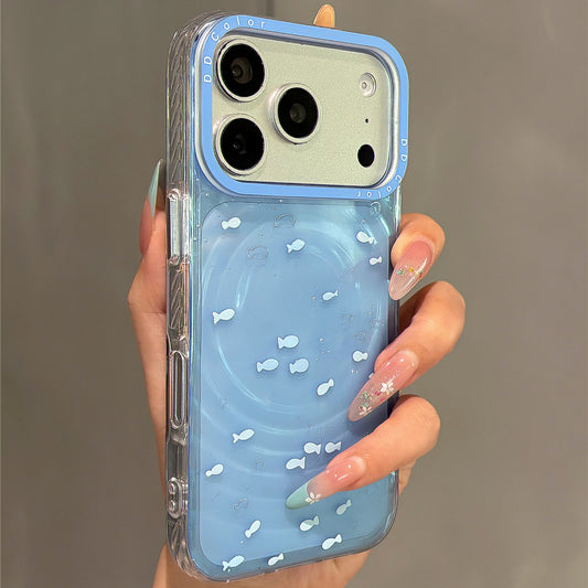 Translucent Blue Fish School Magnetic Stand Acrylic Phone Case