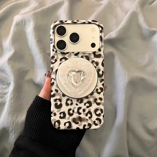Vintage Black Leopard Print Heart Magnetic Stand Acrylic Phone Case