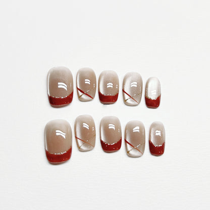 Red Vintage French Cat-eye Nail - Medium Square