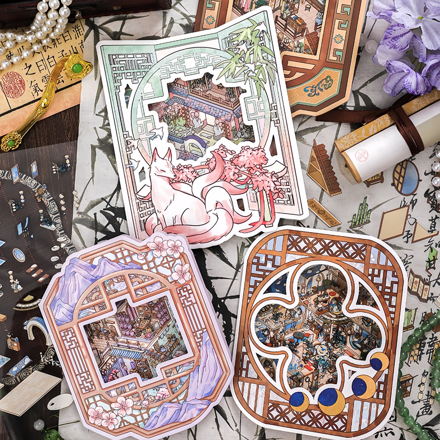 Ancient-Style Architecture 3D Sticker | 4 Cute Miniature Scene