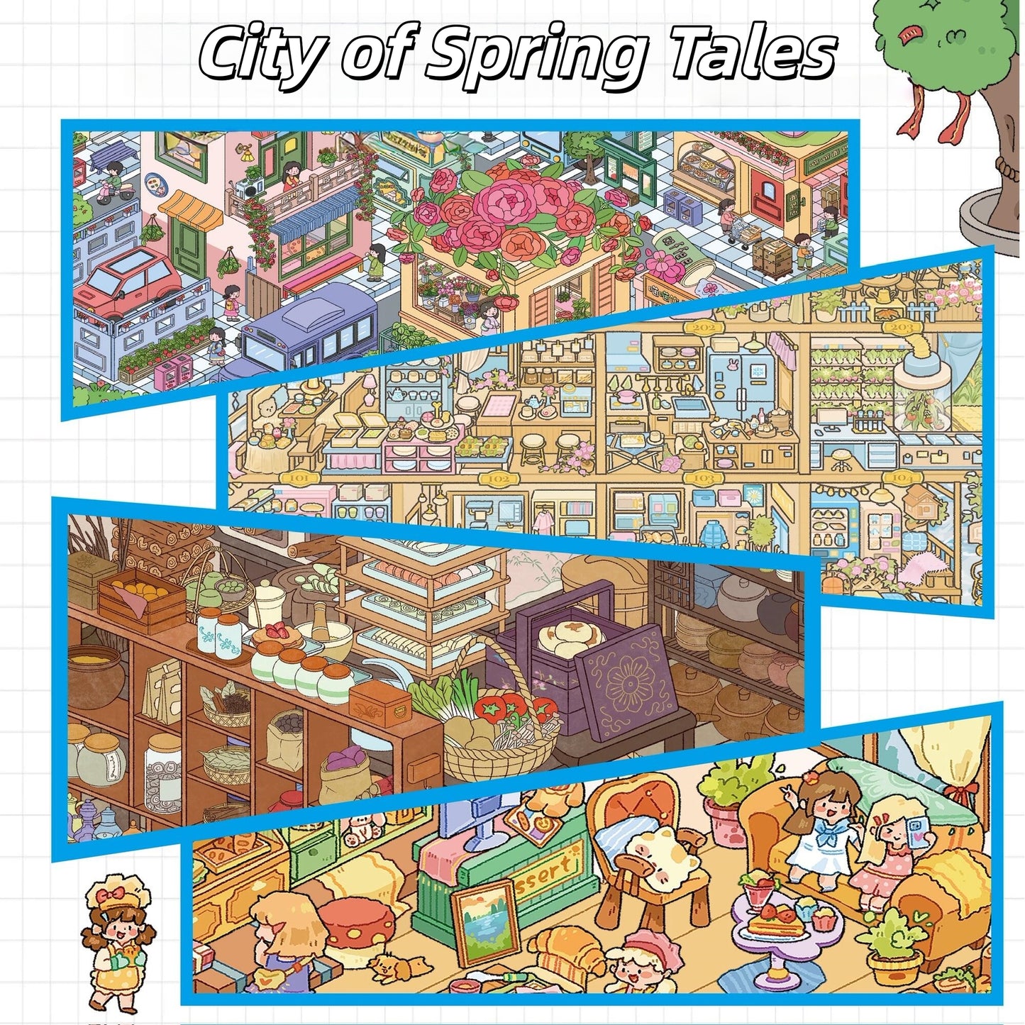 City of Spring Tales 3D Sticker | 4 Cute Miniature Scenes