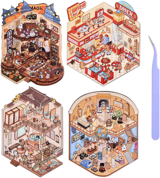 Capybara's Whimsical World 3D Sticker | 4 Cute Miniature Sticker