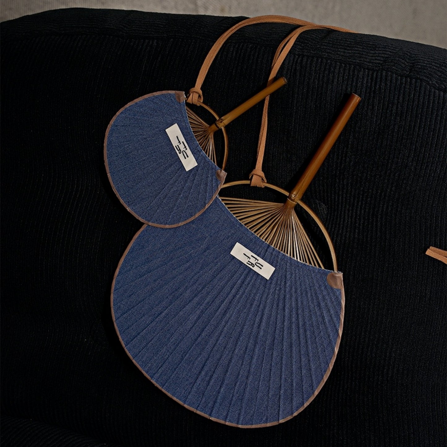 Bamboo Frame Denim Fan with Hanging Rope