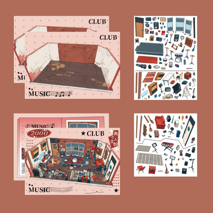 Rooms & Clubs 3D Sticker | 4 Cute Miniature Scenes