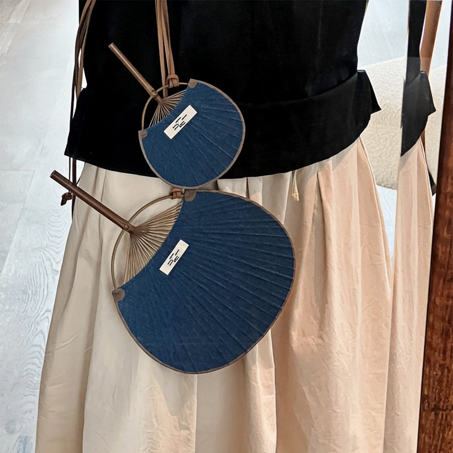 Bamboo Frame Denim Fan with Hanging Rope