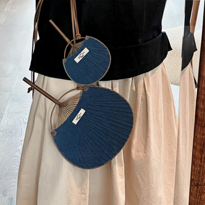 Bamboo Frame Denim Fan with Hanging Rope