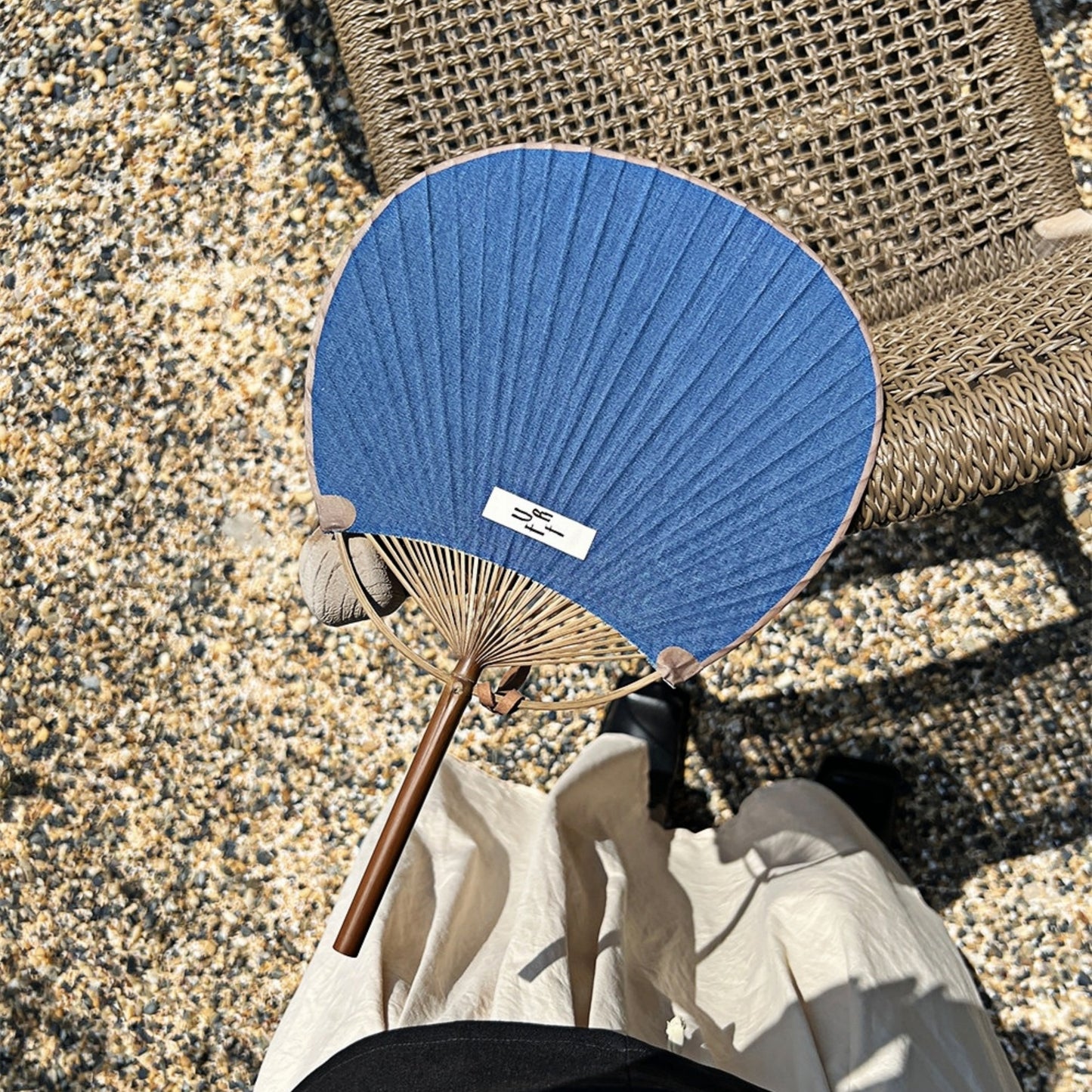 Bamboo Frame Denim Fan with Hanging Rope