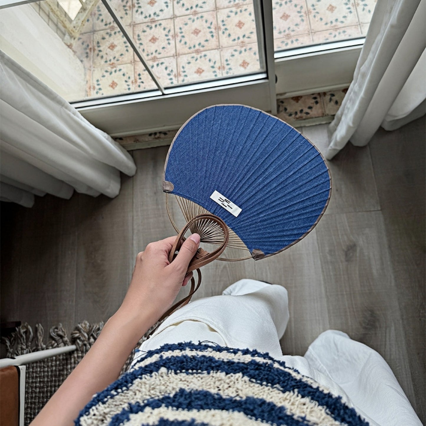 Bamboo Frame Denim Fan with Hanging Rope