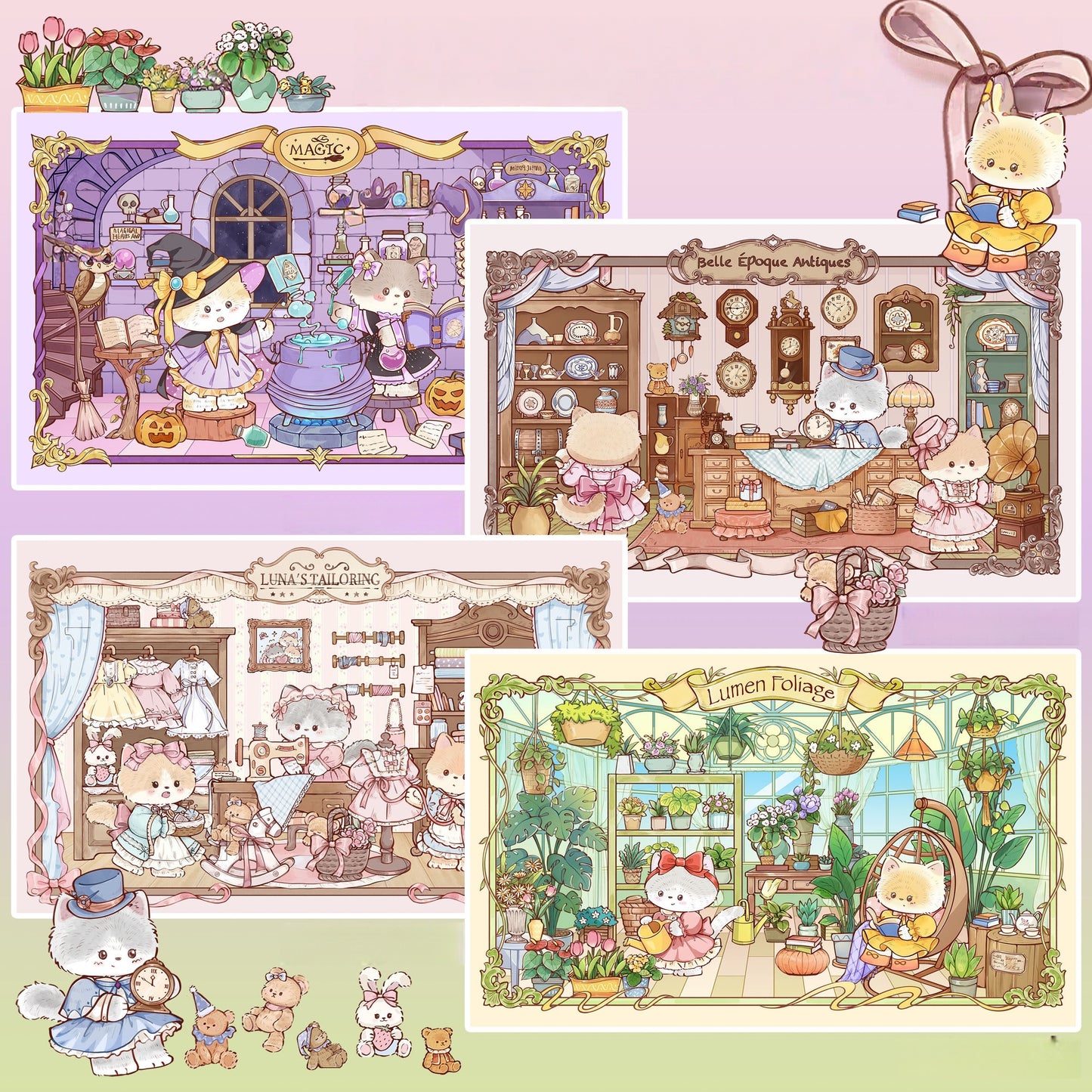 Cat’s World 3D Sticker | 4 Cute Miniature Scenes