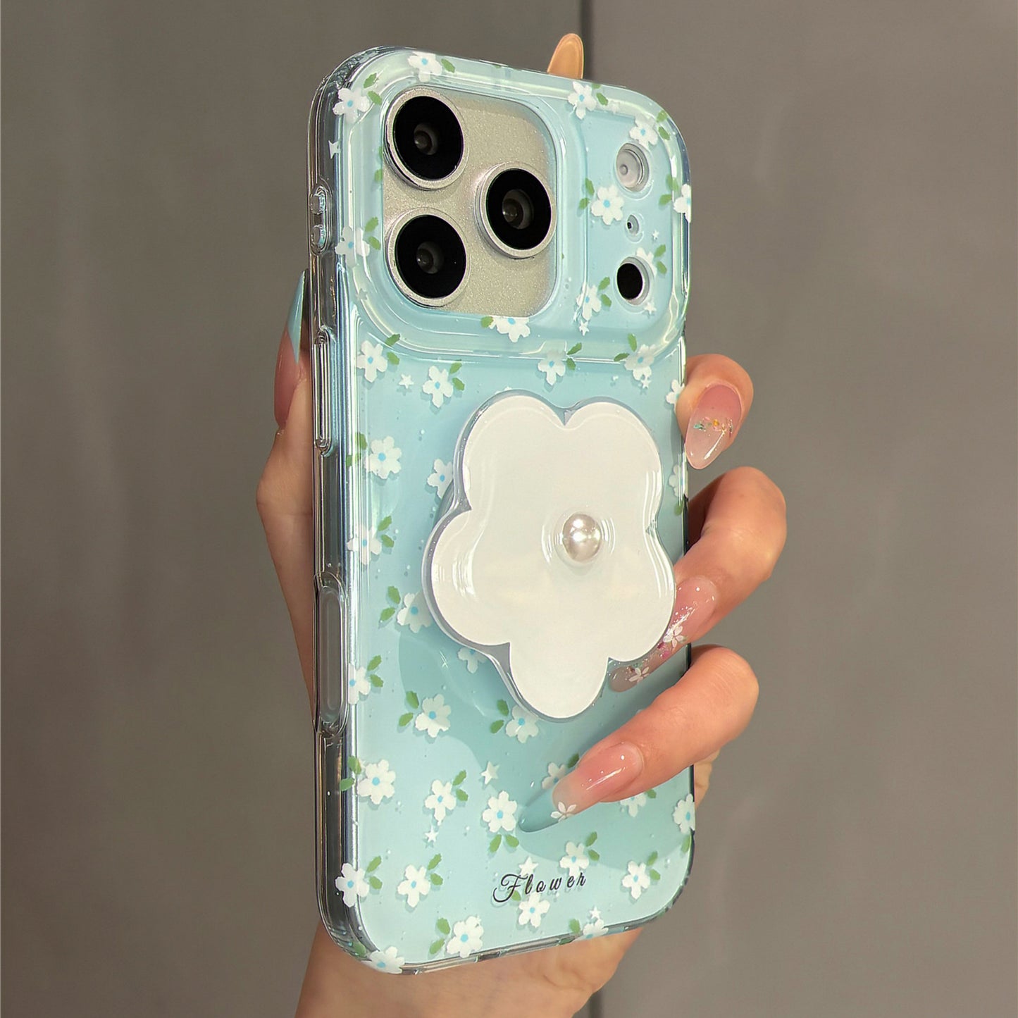 Mint Blue Little White Flowers Magnetic Stand Acrylic Phone Case