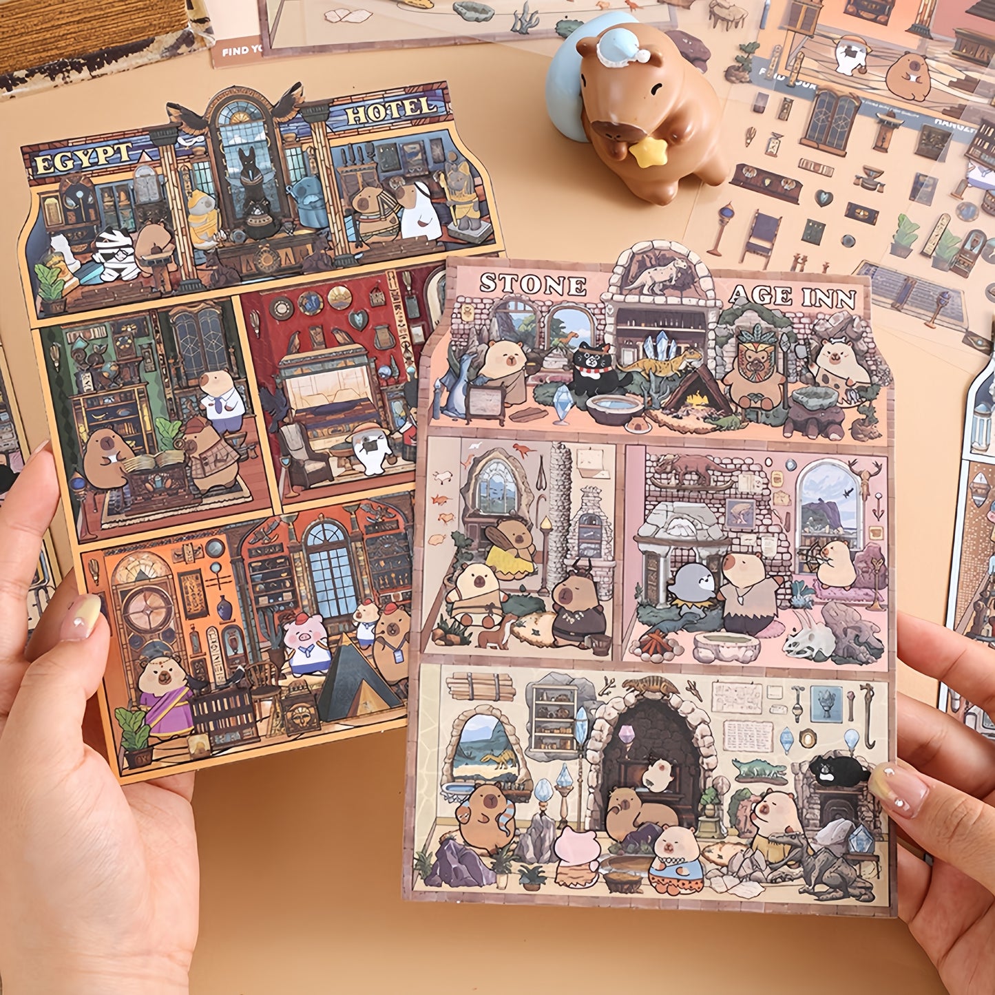 Capybara Hotel 3D Sticker | 4 Cute Miniature Scenes