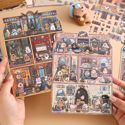 Capybara Hotel 3D Sticker | 4 Cute Miniature Scenes