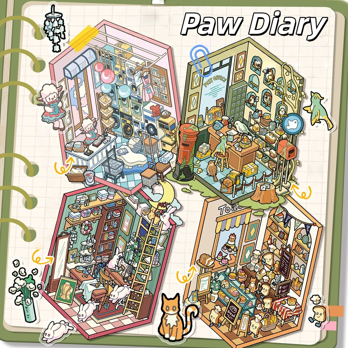 Paw Diary 3D Sticker | 4 Cute Miniature Scenes