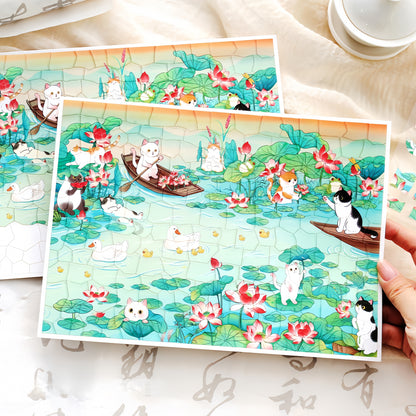Cat and Lotus 3D Sticker | 2 Cute Miniature Scenes