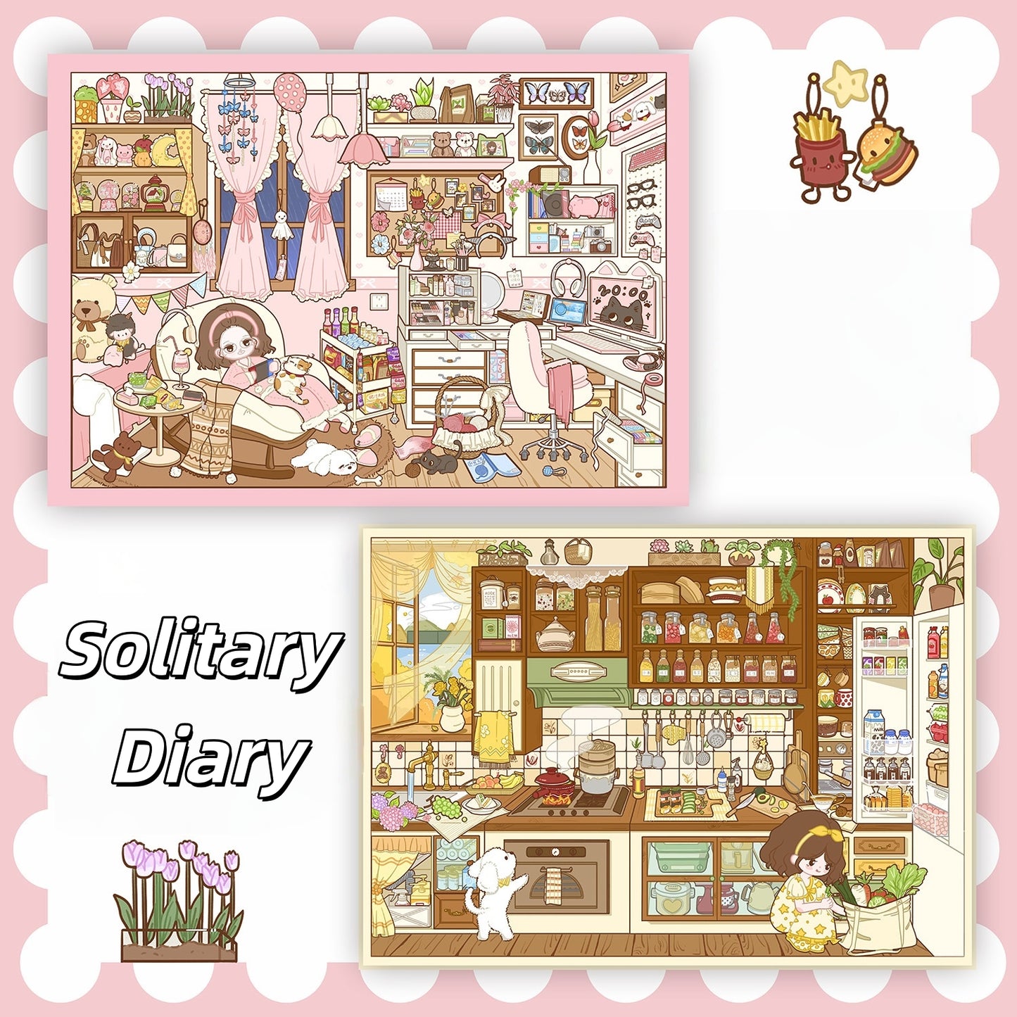 Solitary Diary 3D Sticker | 2 Cute Miniature Scenes