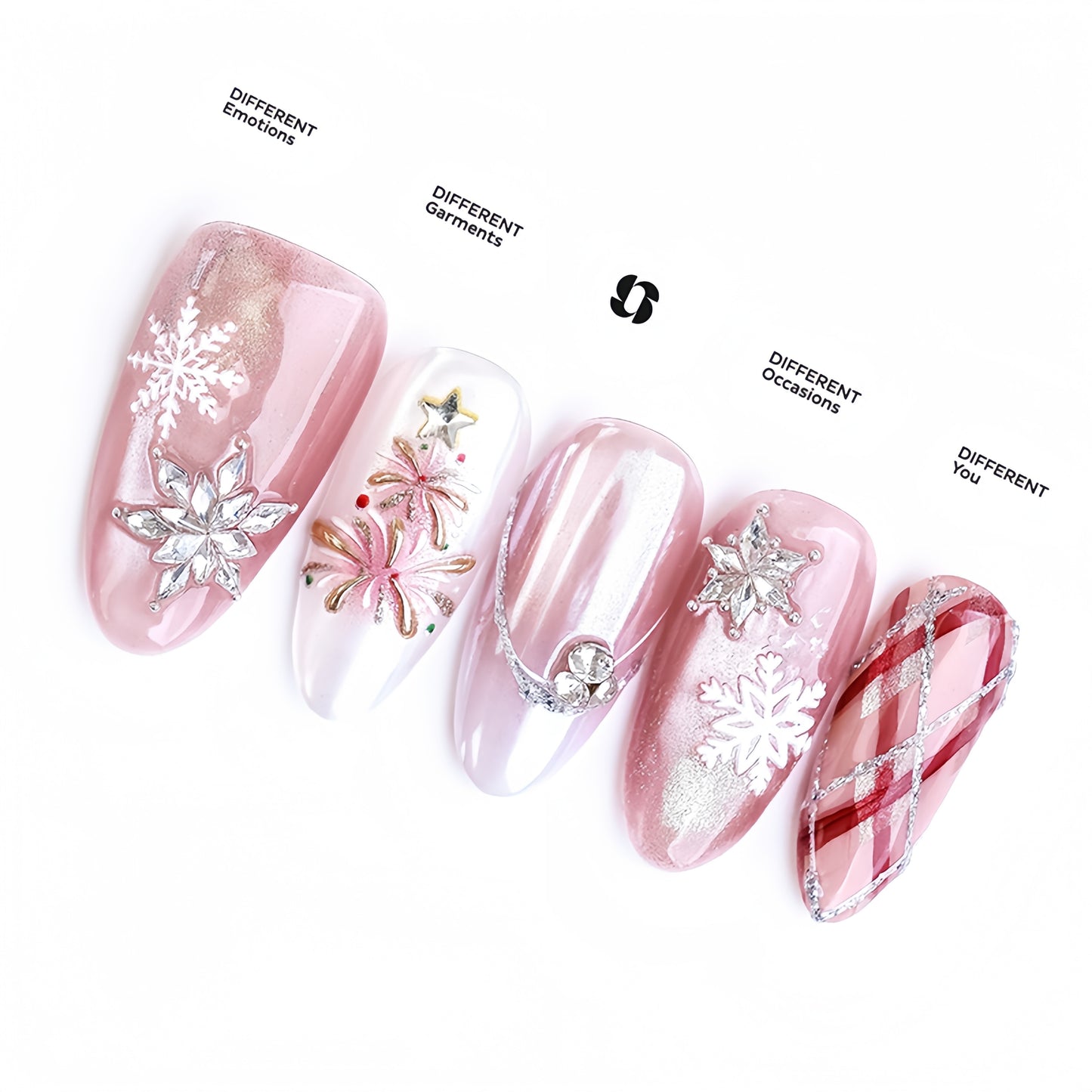 Pink Checked Christmas Nail with Diamond  - Medium Almond