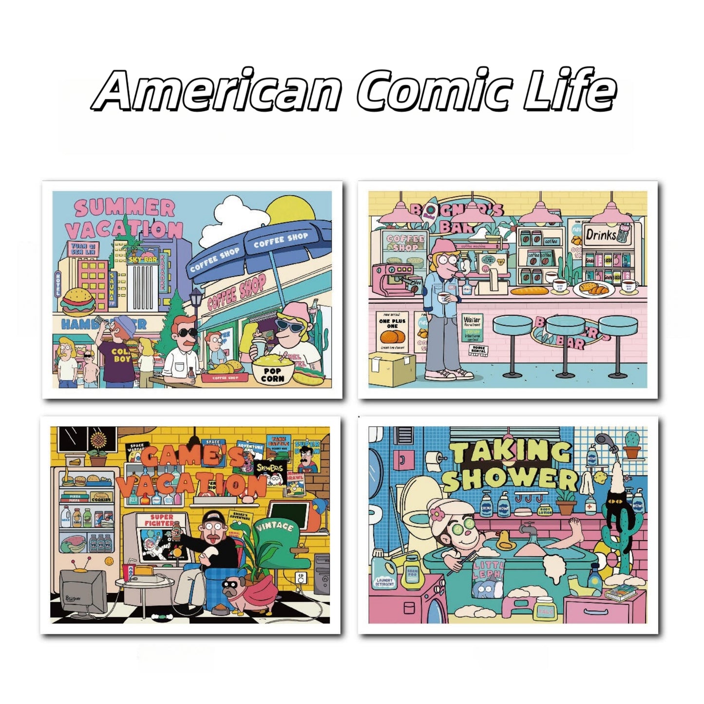 American Comic Life 3D Sticker | 4 Cute Miniature Scenes