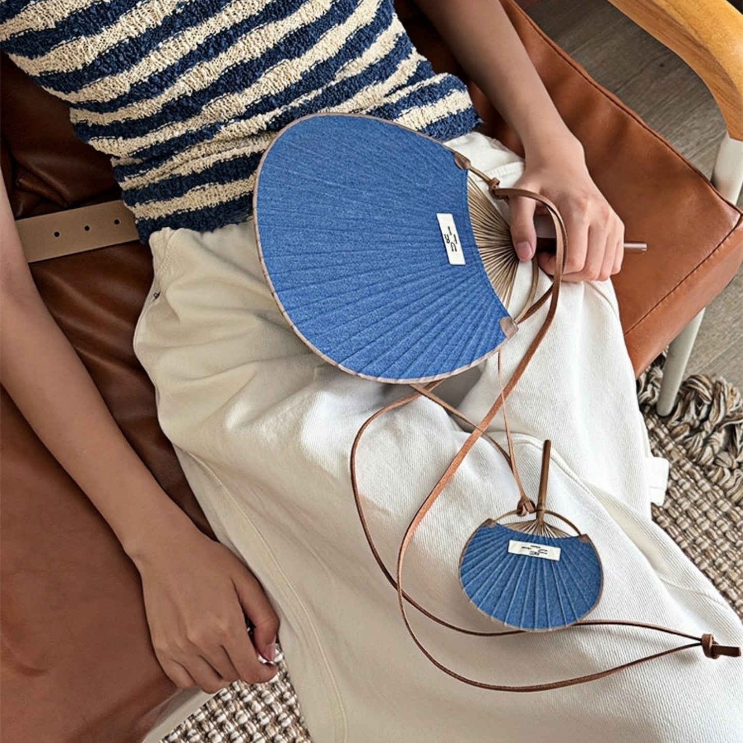 Bamboo Frame Denim Fan with Hanging Rope