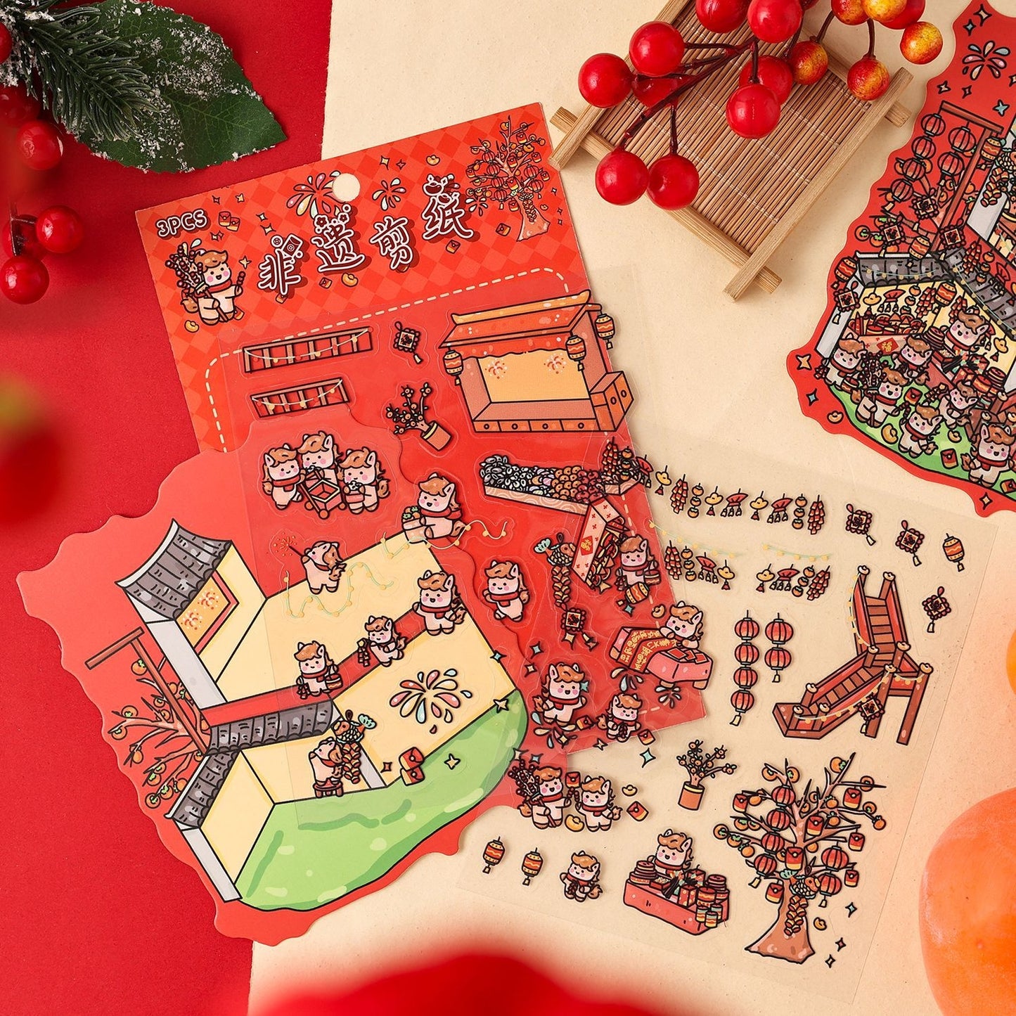 Good Luck New Year 3D Sticker | 4 Cute Miniature Scenes